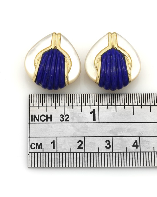 Mother of Pearl and Fluted Lapis Clip On Earrings